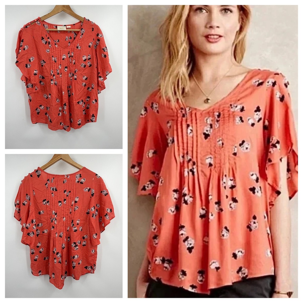 Maeve Anthropologie Coral Pink Floral Pintuck Flutter Sleeve Blouse Size 0